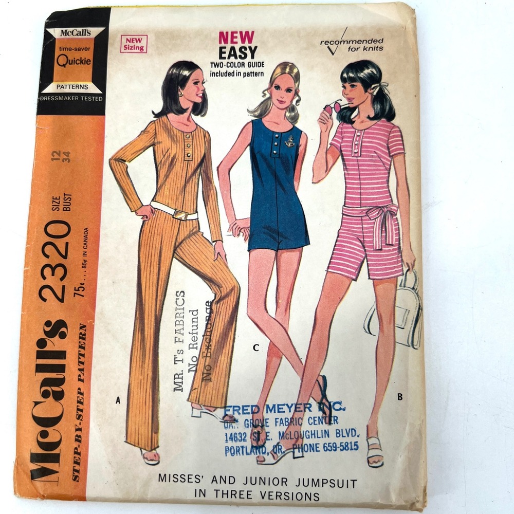 Vintage 70s McCall's‎ 2320 Jumpsuit Jumper One Piece Knit Jersey Juniors Retro